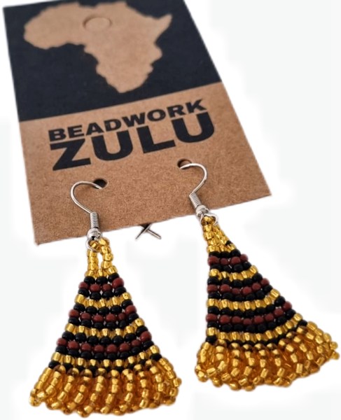 African Beaded Earrings Zulu Triangle Gold Black Brown