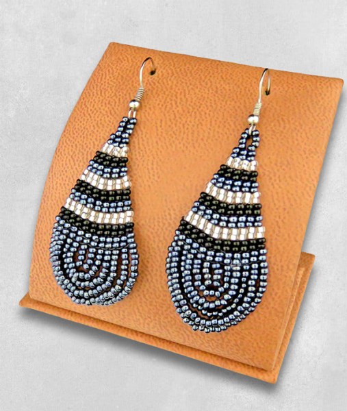 Large Beaded Ear Rings Teardrop Metallic Silver Black