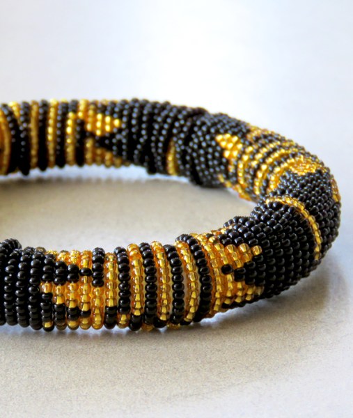 African Beaded Bangle Thick Rope Style Black Gold
