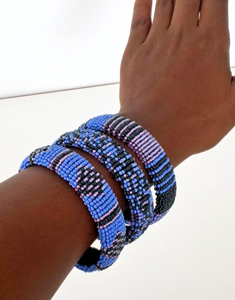 African Beaded Bangles Medium Lilac Blue Metallic Grey