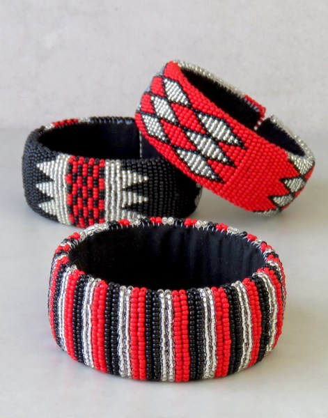 african beaded bangles wide red silver black