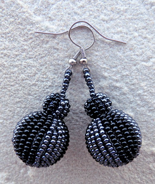 African Beaded Bobble Earrings Black Metallic