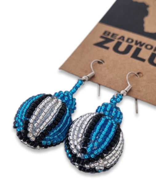 African Beaded Bobble Earrings Blue Silver Black