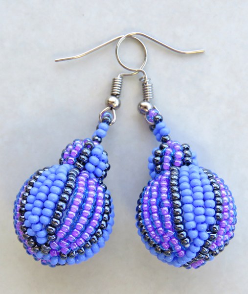 african beaded bobble earrings lilac blue metallic