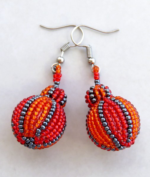 African Beaded Bobble Earrings Red Orange Metallic