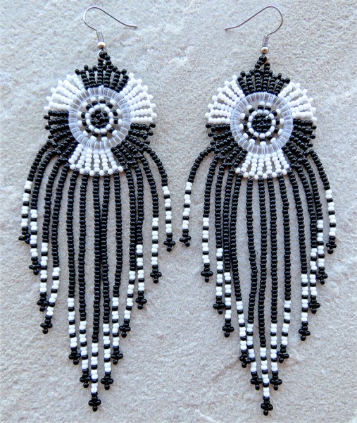 african beaded earring circle tassel black white 1