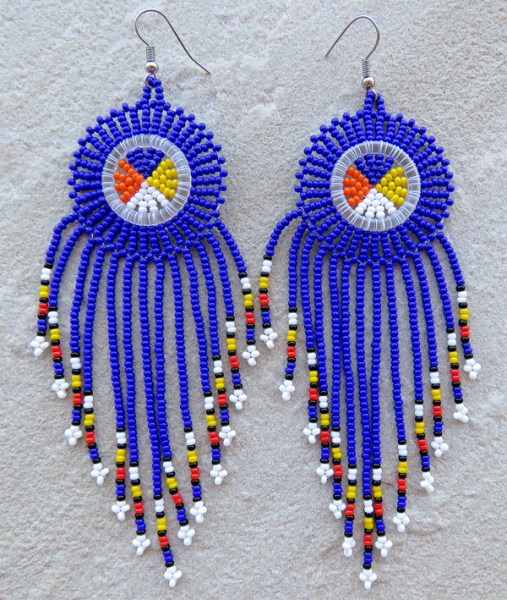 african beaded earring circle tassel dark blue 1