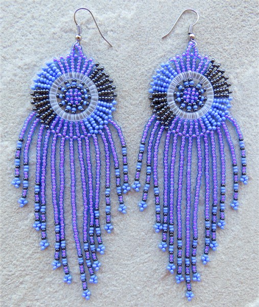african beaded earring circle tassel lilac blue metallic grey 1