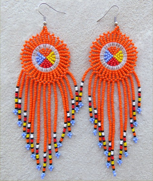 african beaded earring circle tassel orange 1