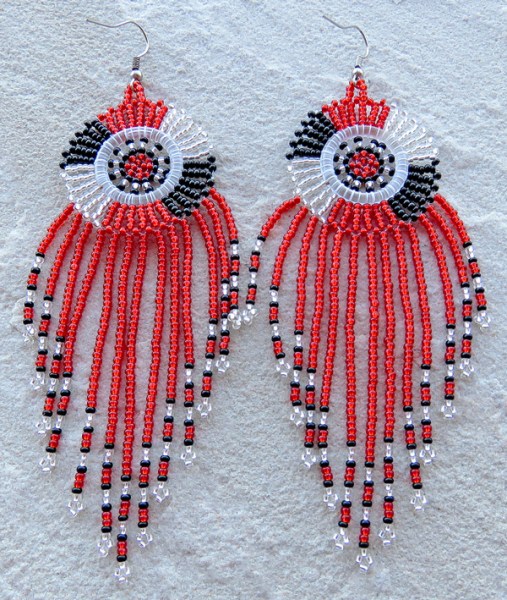 african beaded earring circle tassel red silver black