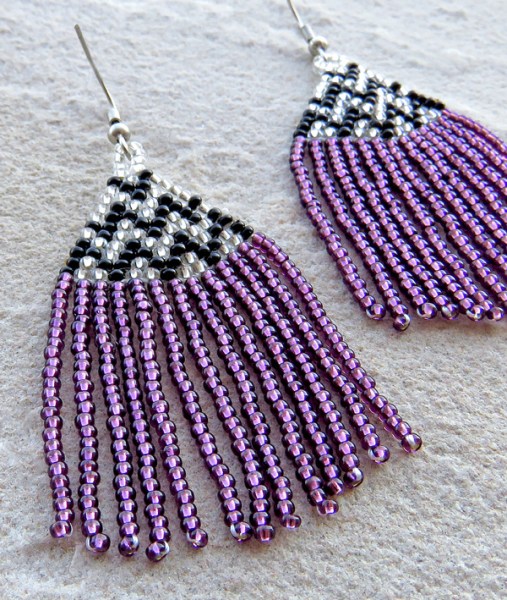 African Beaded Earrings Phinda Purple Silver Black