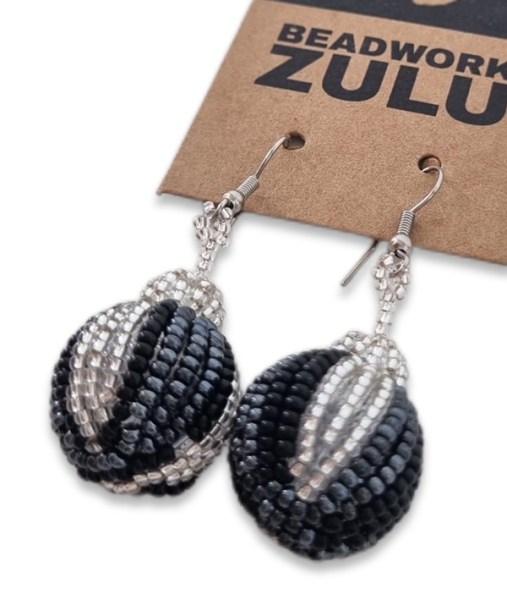 African Beaded Bobble Earrings Black Silver Metallic