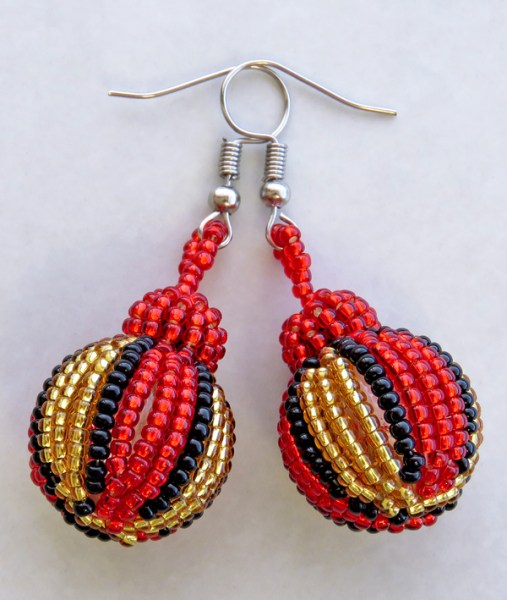 African Beaded Bobble Earrings Red Gold Black