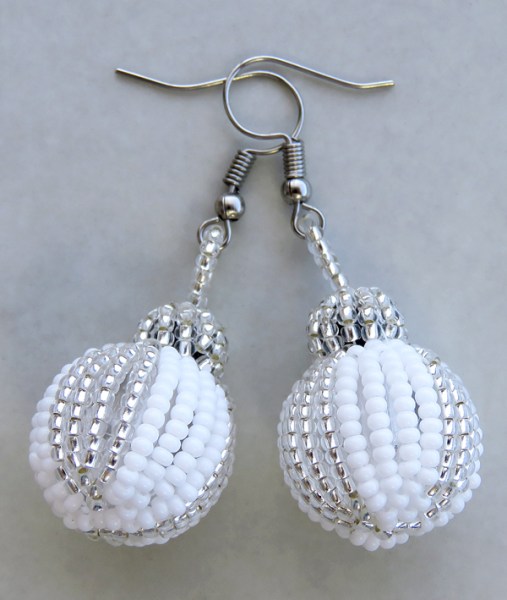 African Beaded Bobble Earrings Silver White