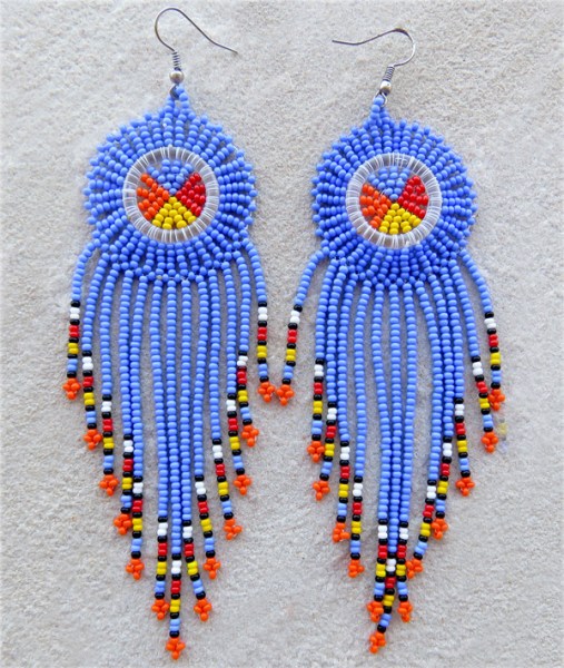 african beaded earrings circle tassel light blue 1