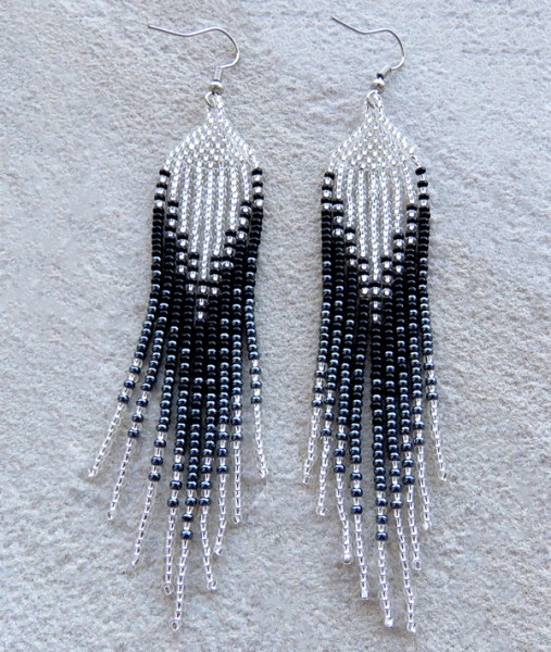 African Beaded Earrings Ilala Silver Black Metallic Grey