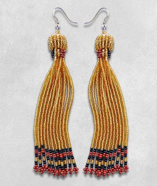 African Beaded Earrings Imbali Gold Brown Black