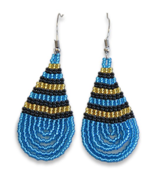 Large Beaded Ear Rings Teardrop Blue Gold Black