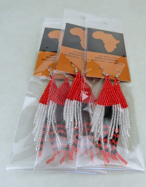African Beaded Earrings Shiduli Red Silver Black