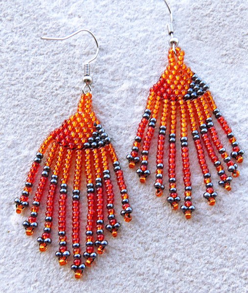 Beaded Short Tassel Earrings Red Orange Metallic