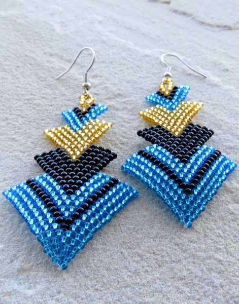 African Beaded Earrings Singita Blue Gold Black
