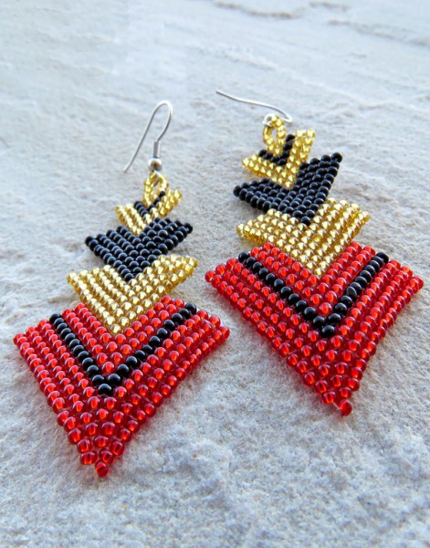 African Beaded Earrings Singita Red Gold Black