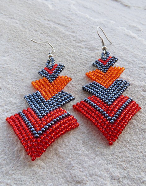 Shiny Red Orange Metallic Grey African Beaded Earrings Singita