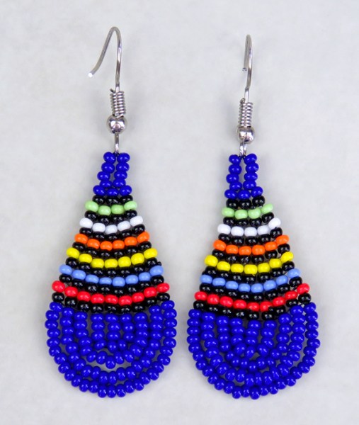 Small Beaded Ear Rings Teardrop African Colors Dark Blue