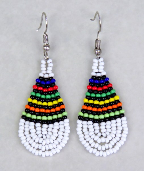 Small Beaded Ear Rings Teardrop African Colors  White