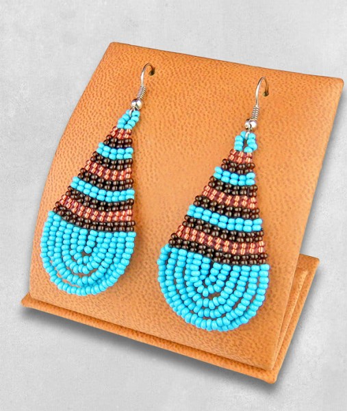 Large Beaded Ear Rings Teardrop Aqua Copper Chocolate
