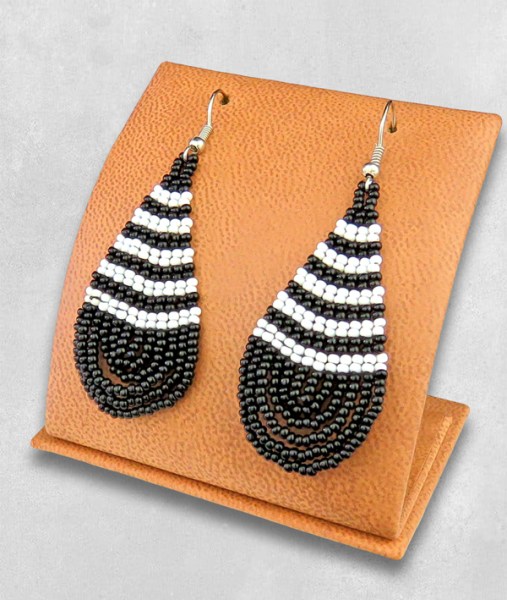 Large Beaded Ear Rings Teardrop Black White