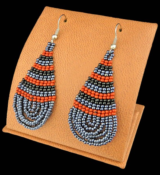 Large Beaded Ear Rings Teardrop Brown Black Metallic