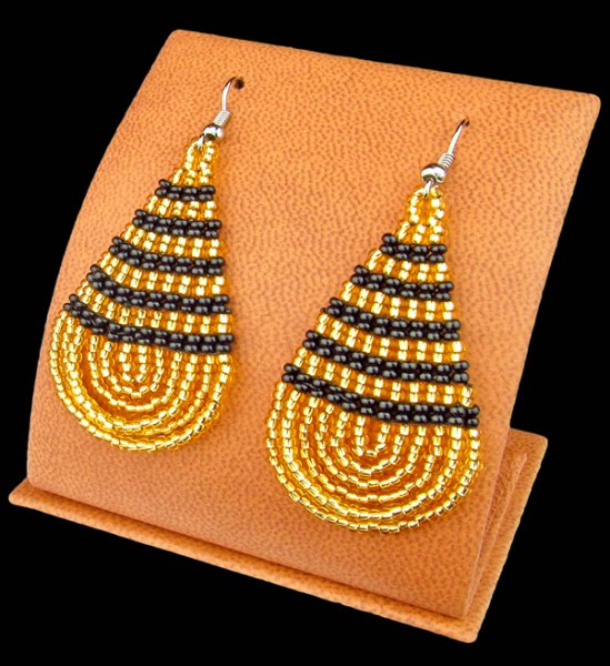 Large Beaded Ear Rings Teardrop Gold Black
