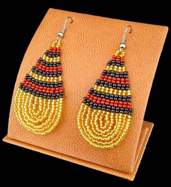 Large Beaded Ear Rings Teardrop Gold Black Brown