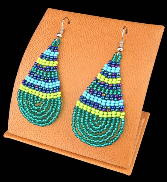 Large Beaded Ear Rings Teardrop Lime Nebula Aqua Jade