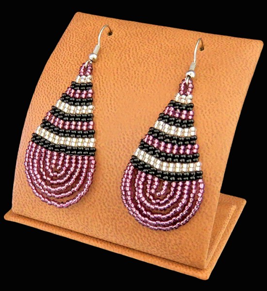 Large Beaded Ear Rings Teardrop Purple Silver Black