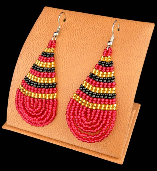 Large Beaded Ear Rings Teardrop Red Black Gold