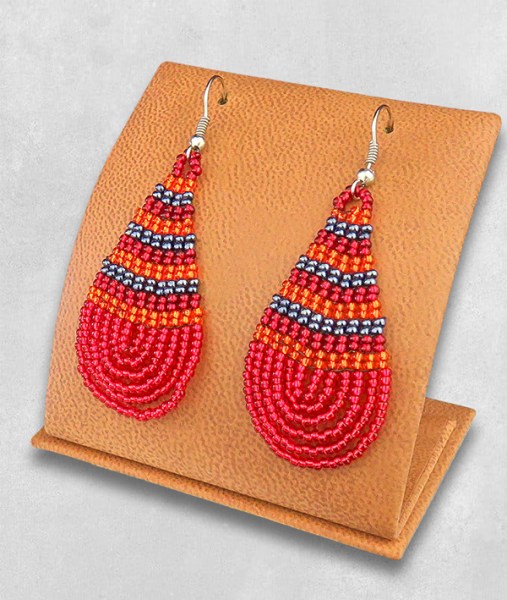 Large Beaded Ear Rings Teardrop Red Orange Metallic