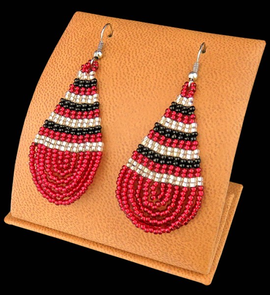 Large Beaded Ear Rings Teardrop Red Black Silver