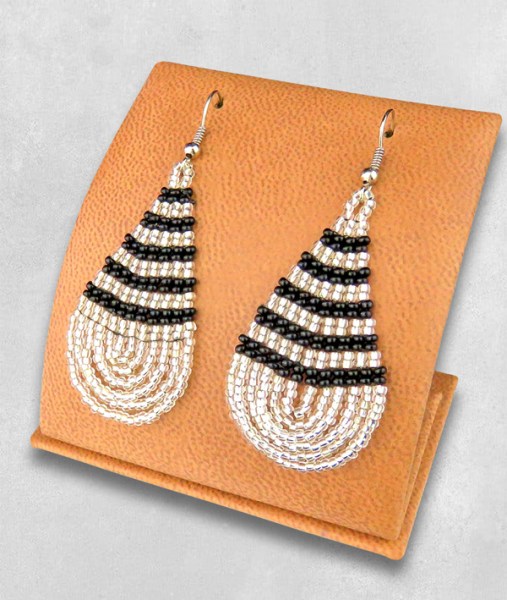 Large Beaded Ear Rings Teardrop Silver Black