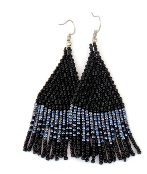 African Beaded Earrings Tembe Large Black Metallic Grey