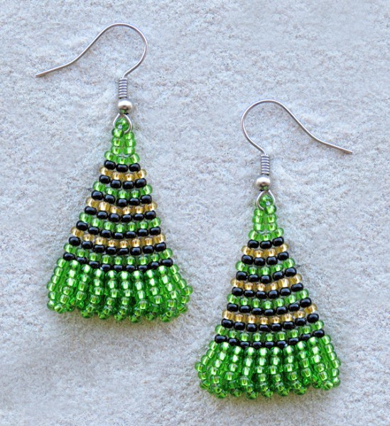 African Beaded Earrings Zulu Triangle Lime Gold Black