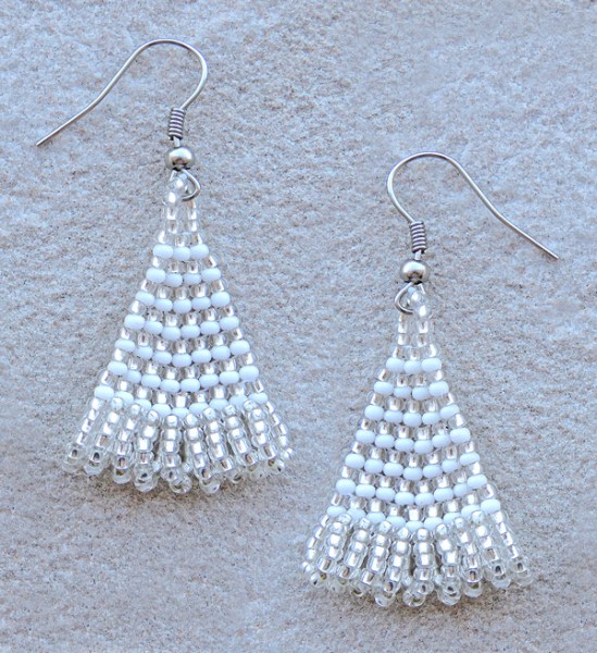 African Beaded Earrings Zulu Triangle White Silver