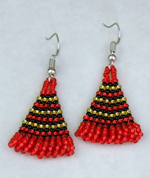 African Beaded Earrings Zulu Triangle Red Gold Black