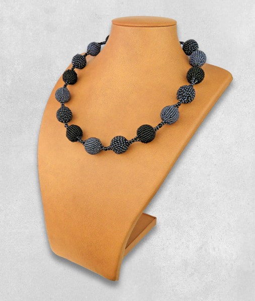 African Beaded Bobble Necklace Black Metallic Grey