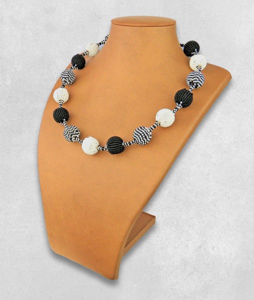 African Beaded Bobble Necklace Black White
