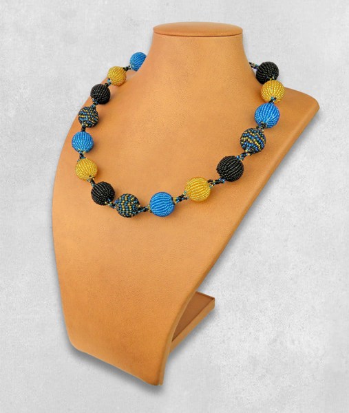 African Beaded Bobble Necklace Blue Gold Black