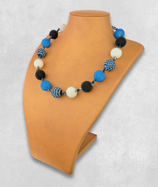 African Beaded Bobble Necklace Blue Silver Black