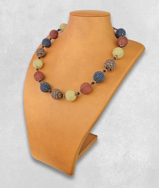 African Beaded Bobble Necklace Copper Metallic Grey White-Gold