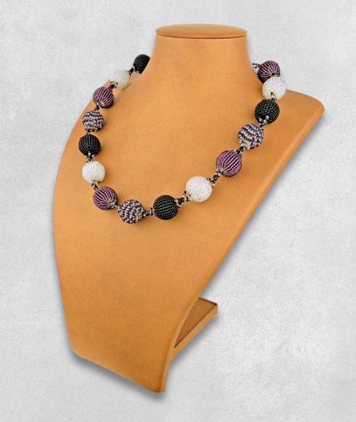 African Beaded Bobble Necklace Purple Silver Black